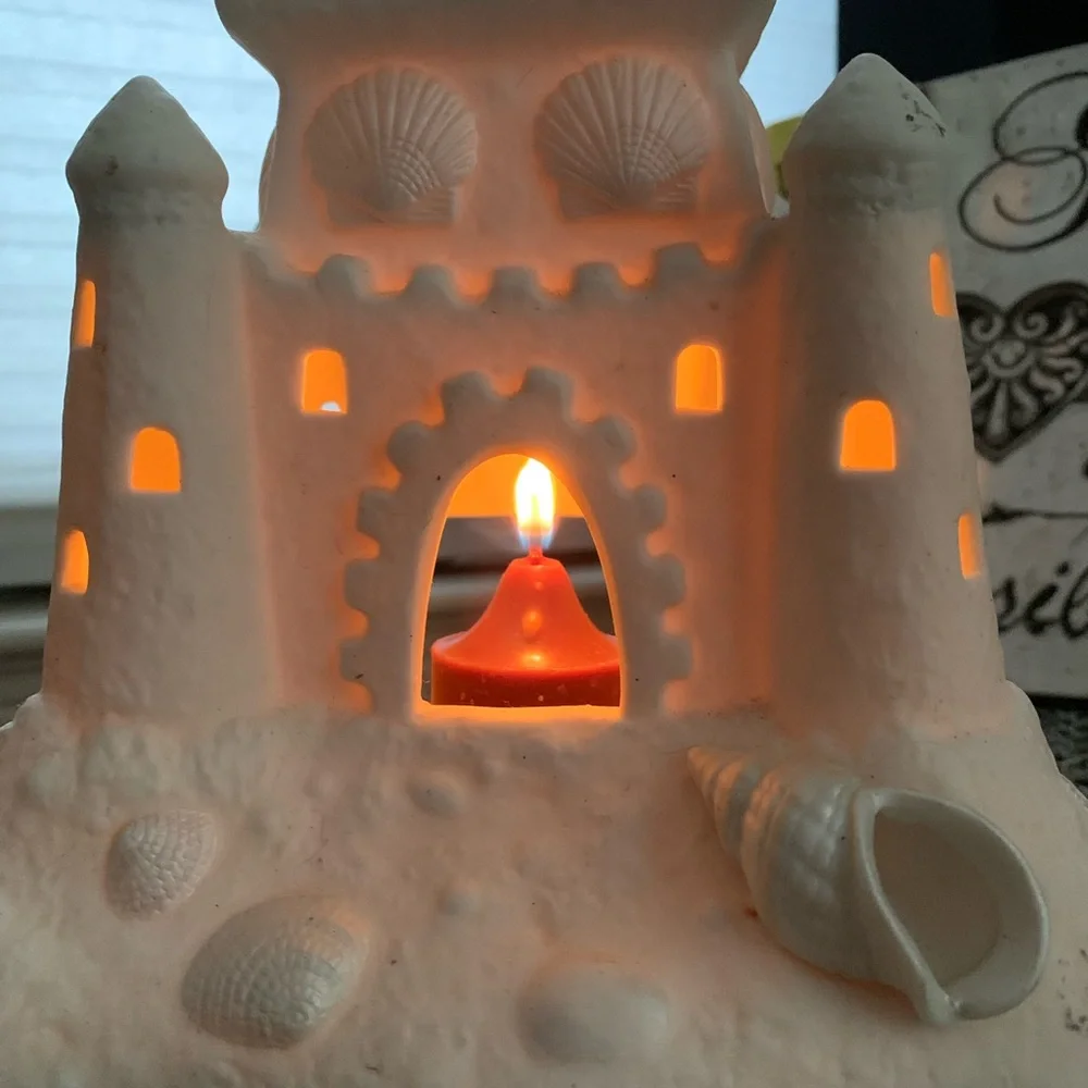 PartyLite Retired White Bisque Porcelain Sand Castle Tea Lite Candle Holder
